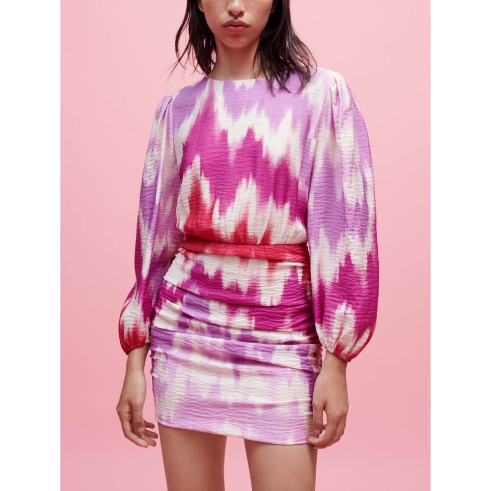 Maje Tie and Dye printed viscose Mini dress in Pink Size 36 / US Size S - Picture 2 of 16